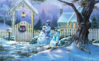 Snowman snowy yard house tree 2 - kinkade free wallpaper