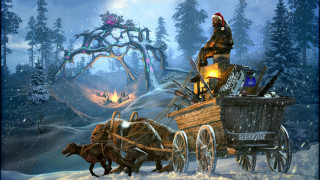 Snowy forest carriage fire aurora - aleksi briclot free wallpaper