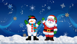 Snowmen couple standing snow snowflakes - naive art free wallpaper for desktop