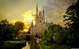 Castle bridge trees sunset dawn - a castle free wallpaper