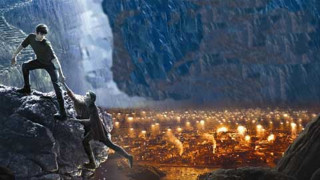 Man mountain waterfall giant cityscape - a matte painting free wallpaper