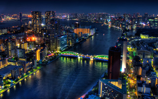 City night bridge river lit - expressionism free wallpaper