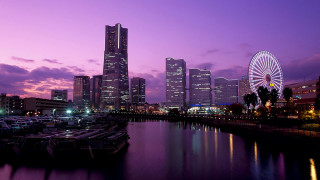 City skyline ferriswheel night purple - a purple sky and water free wallpaper