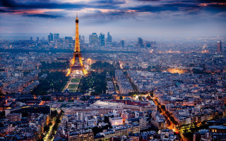 Cityscape tall tower nighttime lights - a matte painting free wallpaper