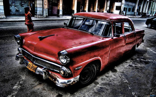 Old red car city street - photorealistic imagery free wallpaper
