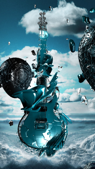 Surreal guitar floating sky background - white cloud free wallpaper