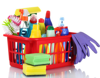 Red basket cleaning supplies gloves - a white background behind free wallpaper