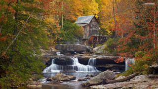 Small waterfall forest wooden building 2 - a small waterfall in a forest free wallpaper