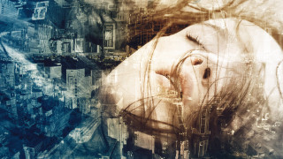 Woman head hands city buildings - her hand and a city in the background free wallpaper