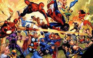 Superheroes fighting field grass lightning - ashcan school free wallpaper