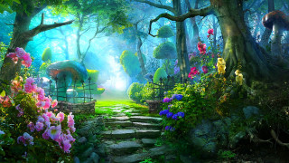 Forest pathway floral gate stone - flower and trees free wallpaper