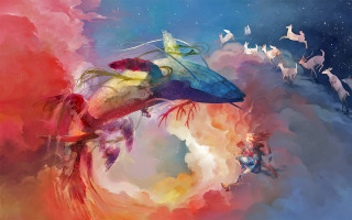 Woman flying birds sky horse - a painting of a woman free wallpaper