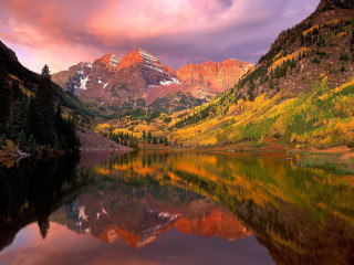 Mountain lake forest sunset embers - a mountain range free wallpaper