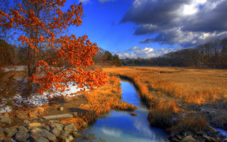 Stream dry grass cloudy sky - a dry grass free wallpaper