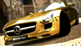 Gold car brick road building - colored free wallpaper