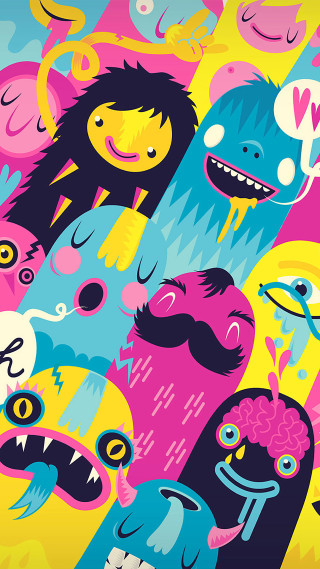 Cartoon monsters faces mouths yellow - pop surrealism free wallpaper