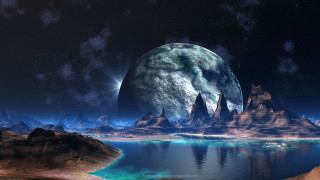Planet mountains lake foreground distant - image of a planet free wallpaper