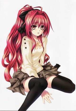 Red haired girl sitting anime - her leg free wallpaper
