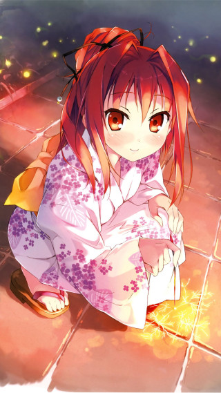 Girl kimono tile floor fire - anime art free wallpaper