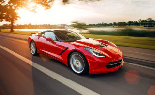 Red sports car lake trees 2 - sunset free wallpaper