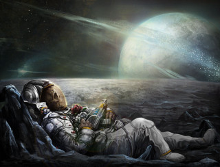 Man lying giant planet moon - the ground in front free wallpaper