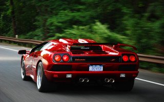 Red sports car driving road 8 - green tree free wallpaper