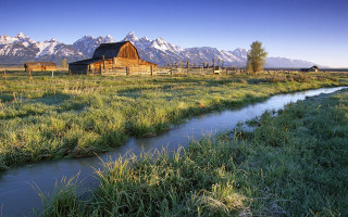 Stream green field barn mountains - alson s. clark free wallpaper