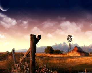 Barn windmill field full moon - a dark sky free wallpaper