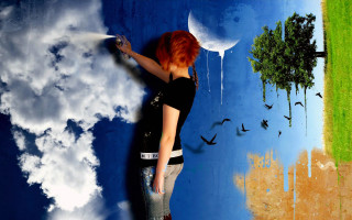 Woman spraying water tree birds - surreal photography free wallpaper