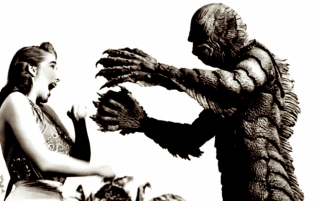 Woman godzilla statue field grass - a man in the foreground free wallpaper