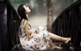Woman bridge rain relaxing blackhair - a photorealistic painting free wallpaper