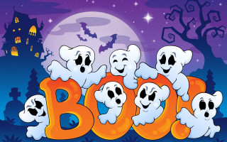 Ghosts halloween scene boo sign - front free wallpaper