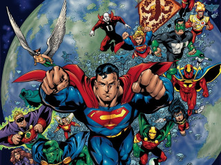 Superheroes flying earth night sky - alan davis free wallpaper