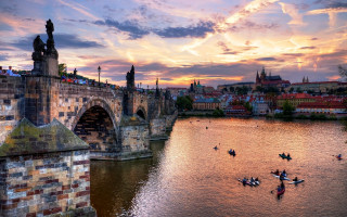 Canoes sunset river people bridge - under free wallpaper for desktop