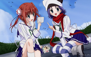 Anime girls bench coffee cellphone - a bench free wallpaper
