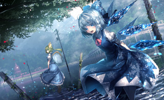 Woman blue dress walking rain - her hand and another woman free wallpaper