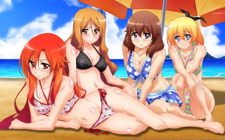 Three girls bikinis beach umbrella - three girl free wallpaper