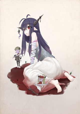 Woman boy knife demon sitting - her hand and a demon free wallpaper