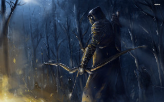 Man hooded archer forest night - a bow and arrow in a forest free wallpaper
