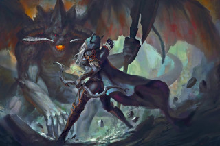 Woman costume fighting dragon sword - her hand and a demon in the background free wallpaper