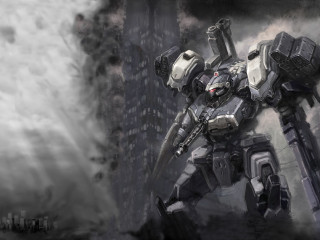 Robot gun city smoke clouds - his hand and a city in the background free wallpaper