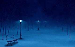 Bench snowy park night streetlights - a bench in a snowy park free wallpaper