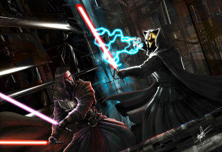 Two people dark room lightsabers - a light saber free wallpaper