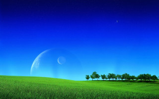 Green field trees crescent sky - beeple free wallpaper