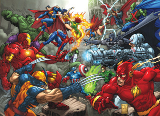 Superheroes fighting city street giant - ashcan school free wallpaper