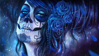 Woman blue makeup roses skeleton - digital painting free wallpaper