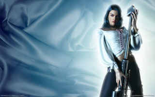 Woman gun blue background silk - her right hand free wallpaper
