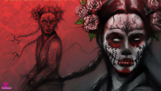 Gothic woman skull makeup flowers - a red rose free wallpaper for desktop