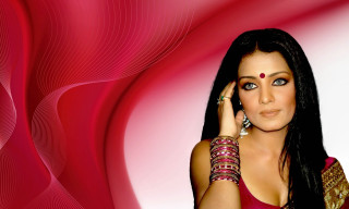 Woman red gold outfit cell 2 - a red background behind her free wallpaper