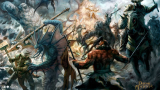 Men fighting horses spears battle - a dragon in the background free wallpaper